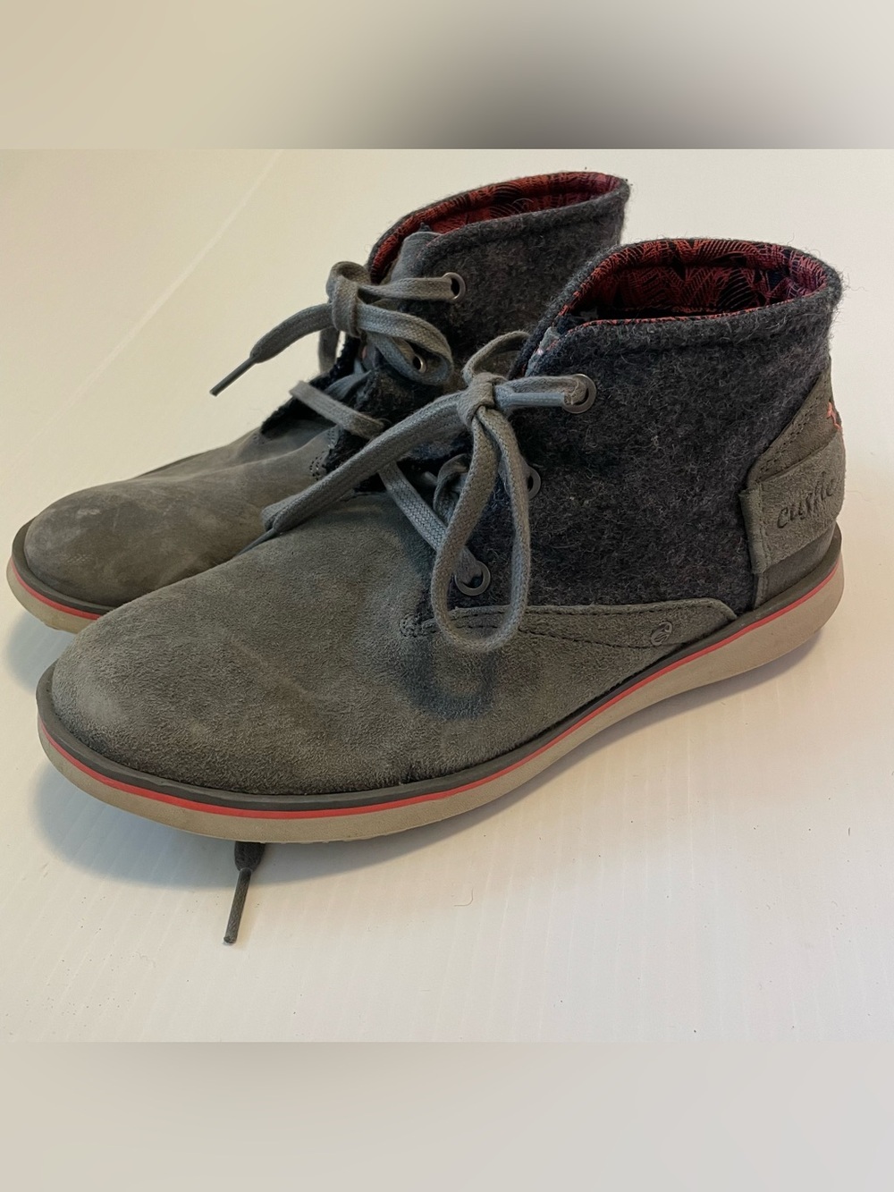 cushe Manuka lite desert Women's Gray Suede & Wool-Trim Sneakers with Red Accent